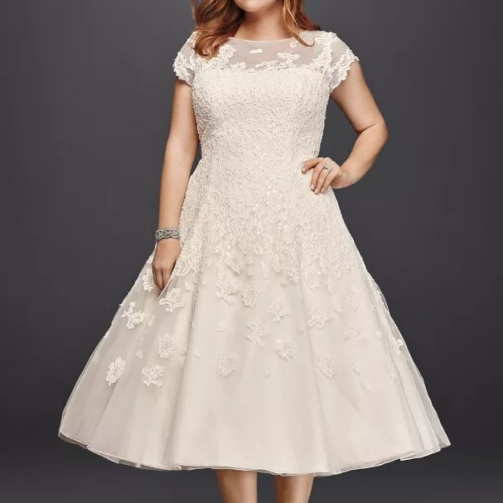 Oleg Cassini for David's Bridal Cap Sleeve Tea-Length Wedding Dress